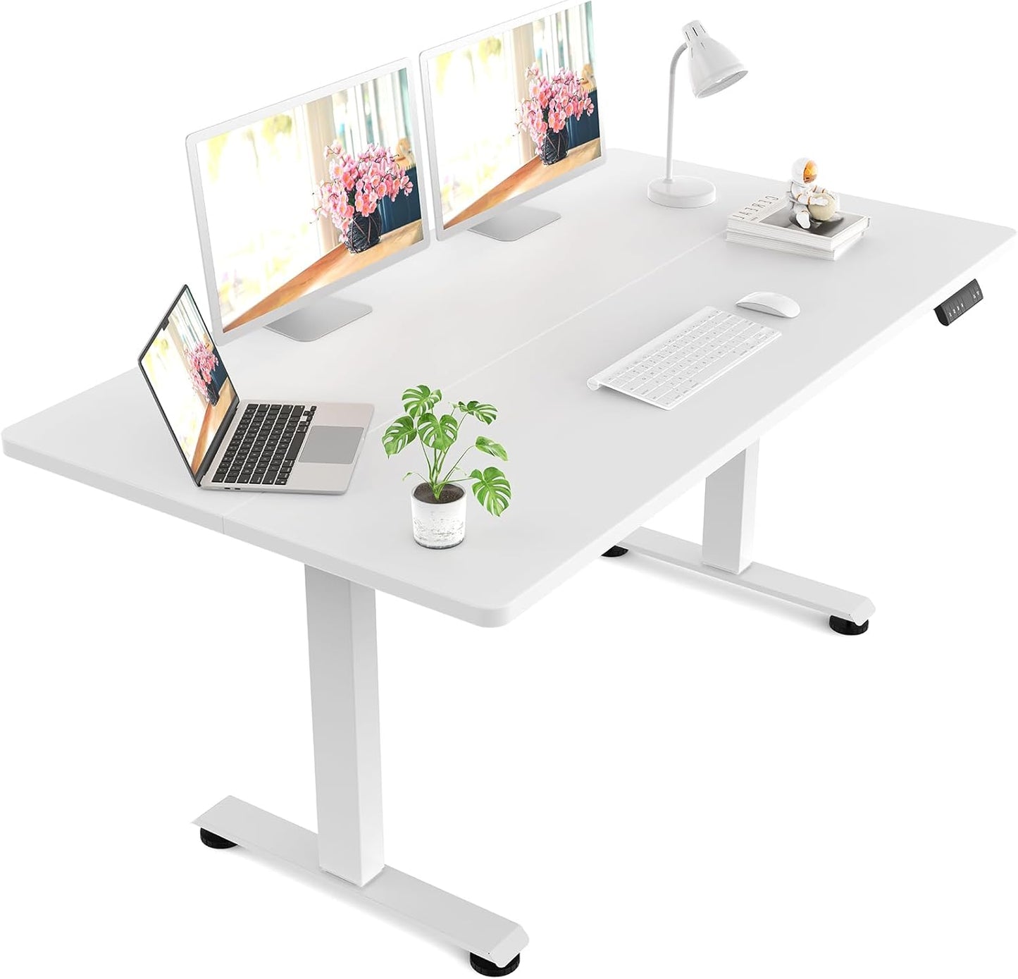 Veken 55 Inch Large Electric Standing Desk, 4 Memory Heights Adjustable,Sit to Stand Up, Work Home Office Computer Table for Study, Walking Pad, Writing, and Games, Wooden Desktop Desks, White