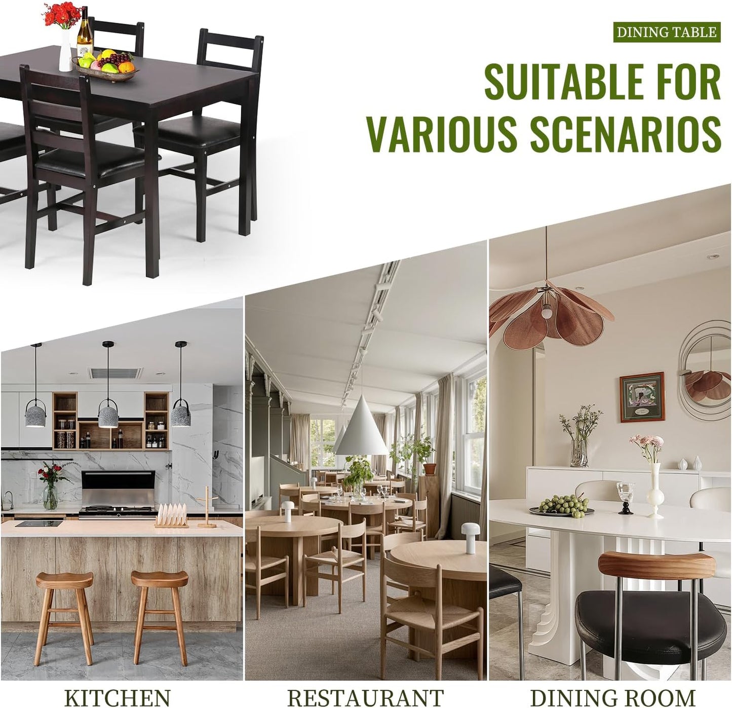 FDW | 5-Piece Solid Wood Dining Table Set for 4 | Pine Kitchen Table with Upholstered Chairs | Space-Saving Design | Smooth Easy-to-Clean Surface | Brown | for Dining Room, Apartment, Restaurant