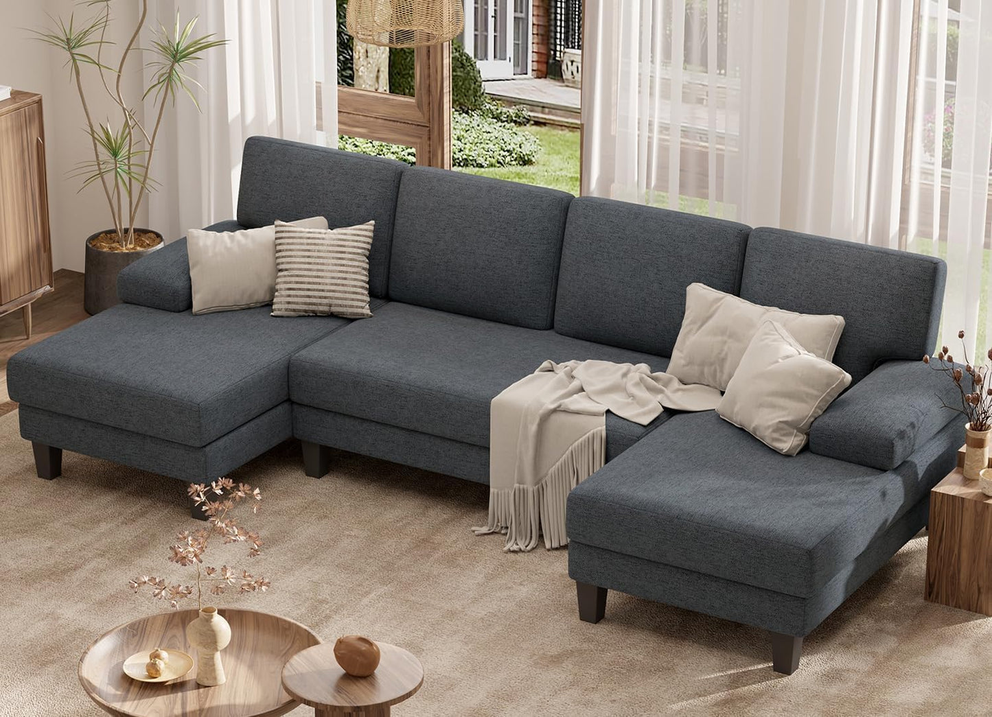 U-Shaped Sectional Sofa Couch for Living Room, Modern Modular Sofa with Double Chaise, Classic Lounge Couch Sleeper for Apartment, Darkbrown