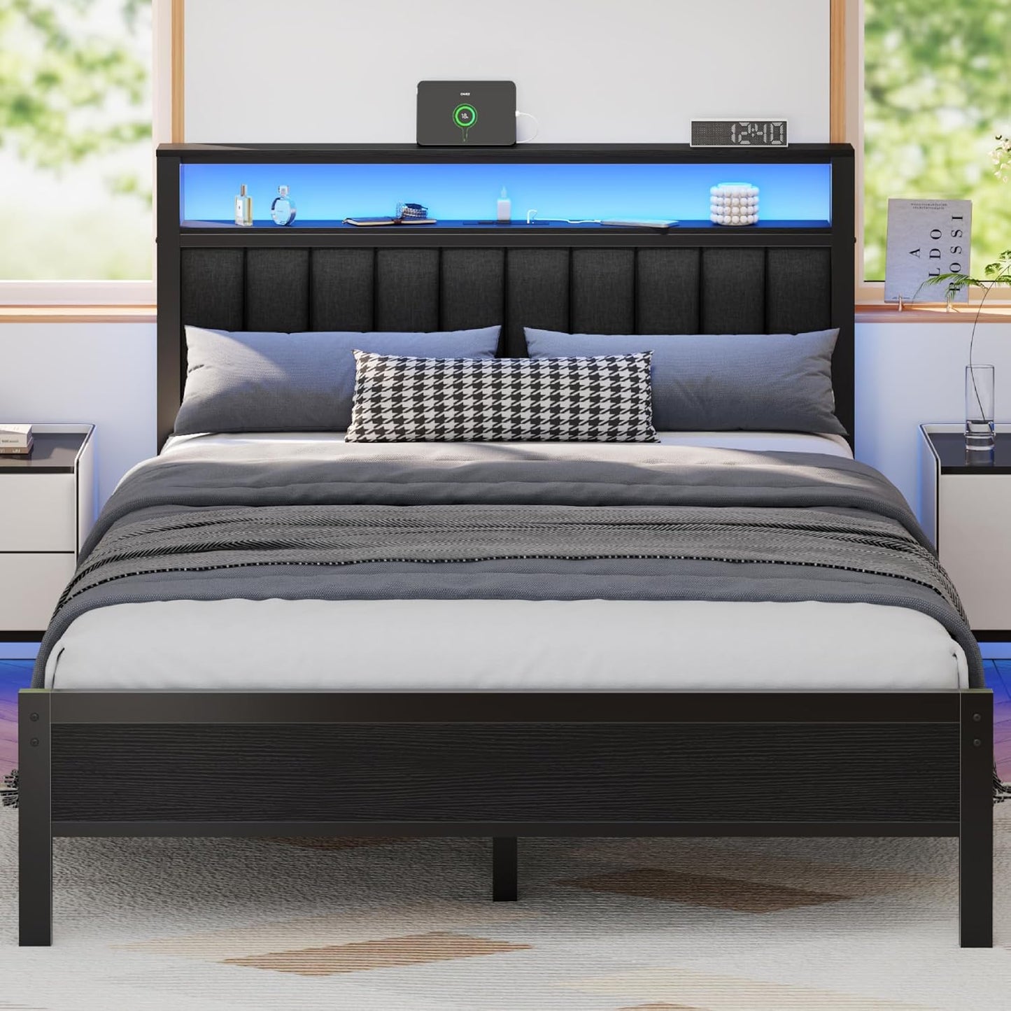 Furnulem Twin Size Bed Frame with Charging Station and LED Lights, Platform Bed with Metal Slats, Grey Upholstered Headboard with 2-Tier Storage Shelves, No Box Spring Needed