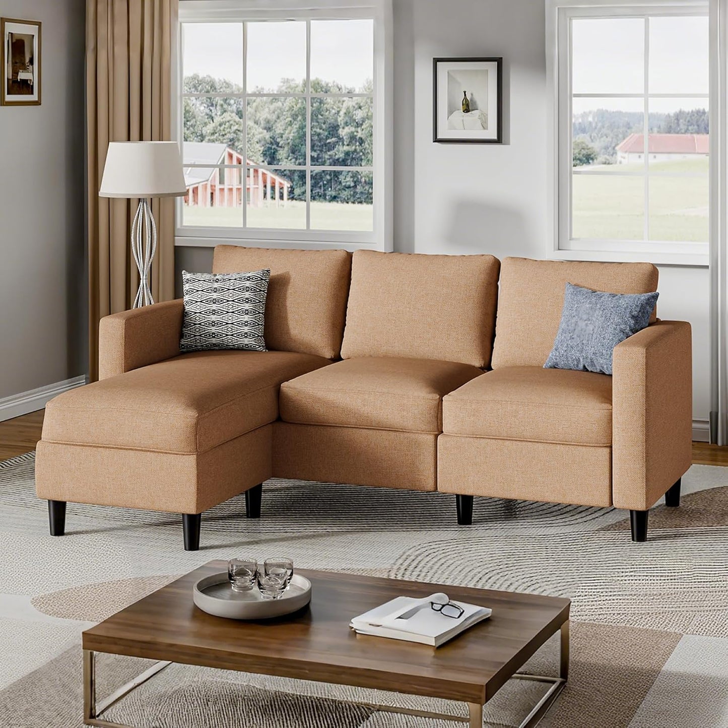 Shintenchi Small Sectional Couch Sofas, 3 Seat L Shape Sofa with Ottoman, Fabric Upholstered Convertible Sofa Couches, Small Couch for Apartments, Living Room and Office (Black)