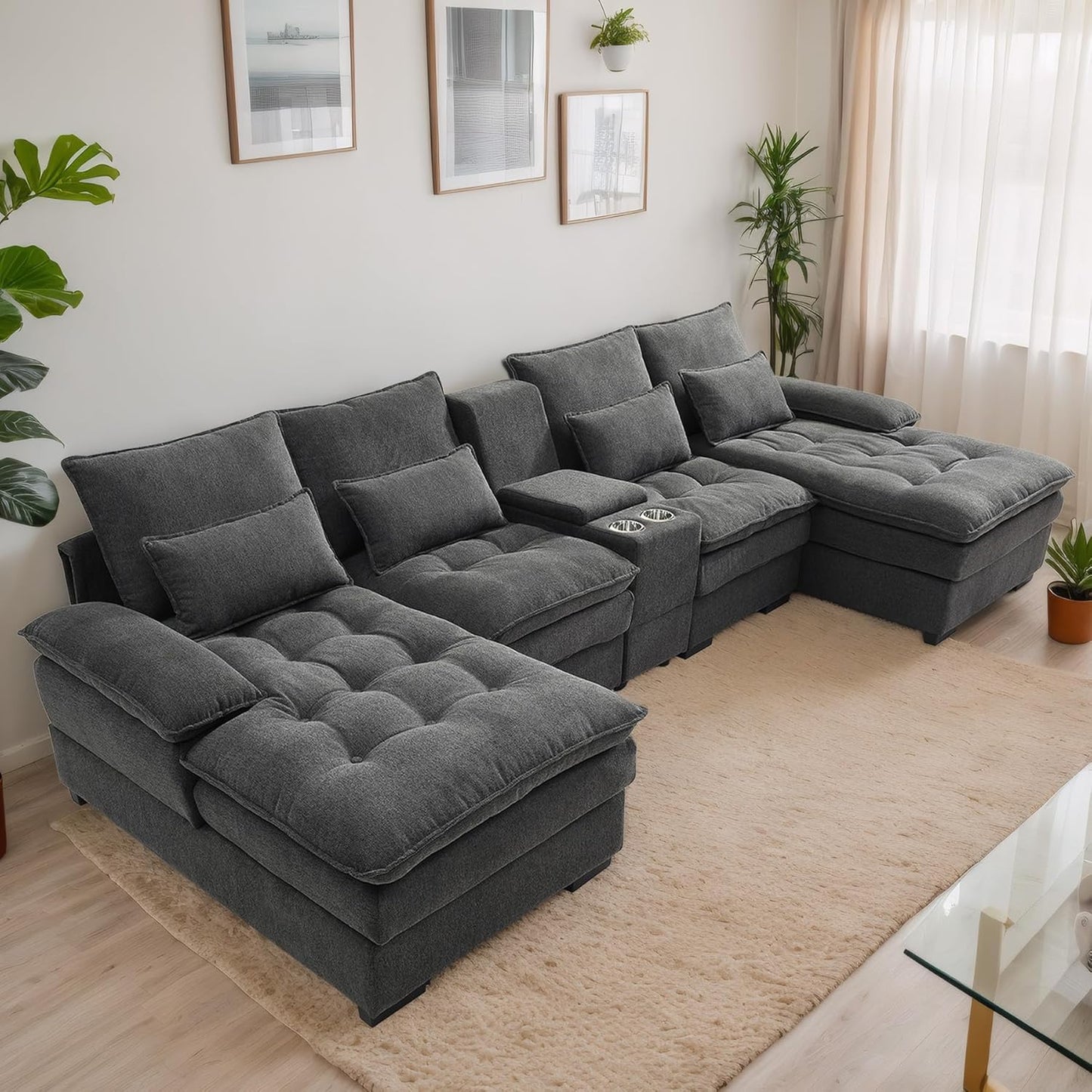 OUYESSIR 130" U Shaped Sectional Cloud Couches with Storage Console, Oversized Modular Sectional Sofa with Tufted Buttons & Chaise Lounge, Comfy Linen 6 Seat Sofa for Living Room, Beige White