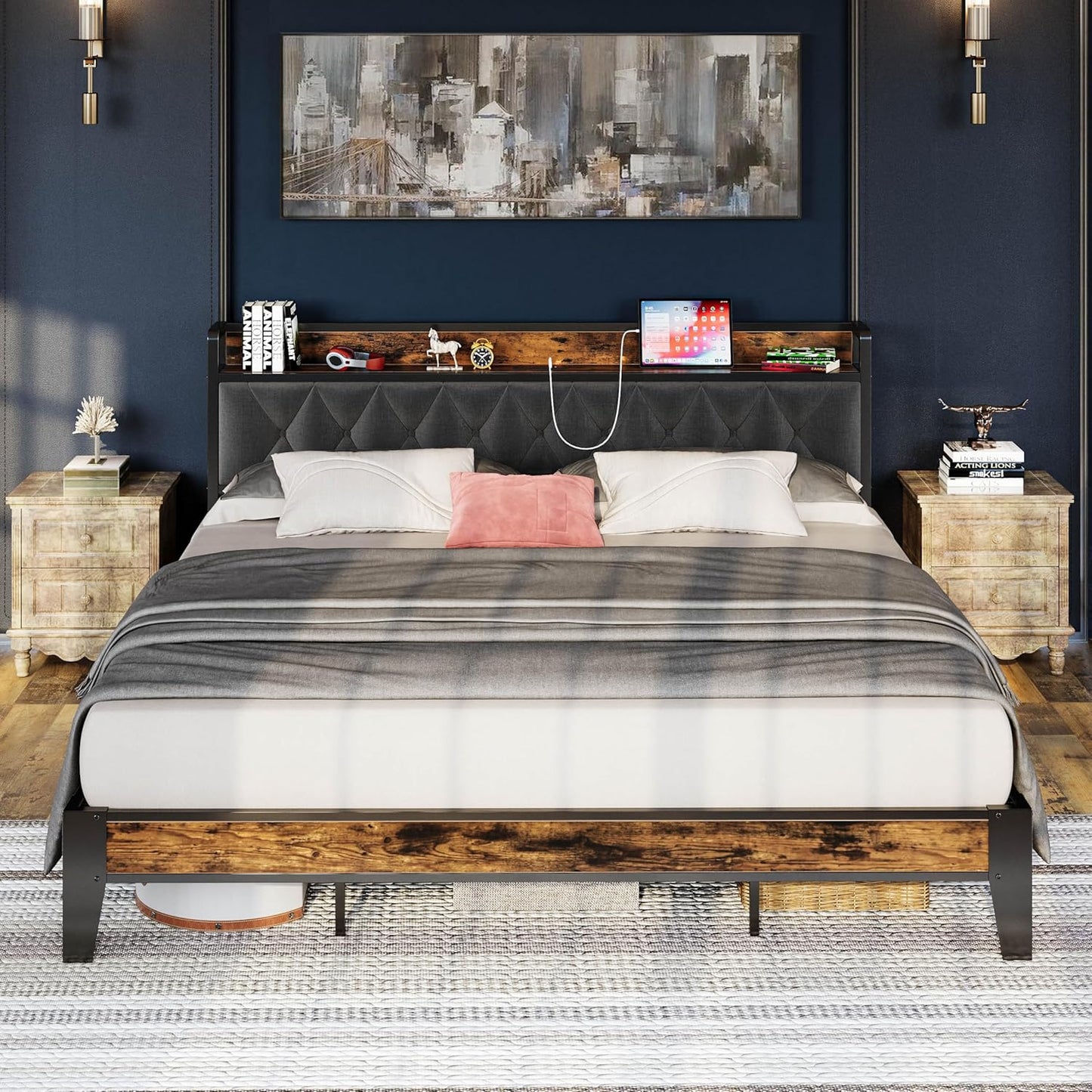 ANCTOR Twin Bed Frames, Storage Headboard with Outlets, Easy to Install, Sturdy and Stable, No Noise, No Box Springs Needed - Perfect for a Good Night's Sleep