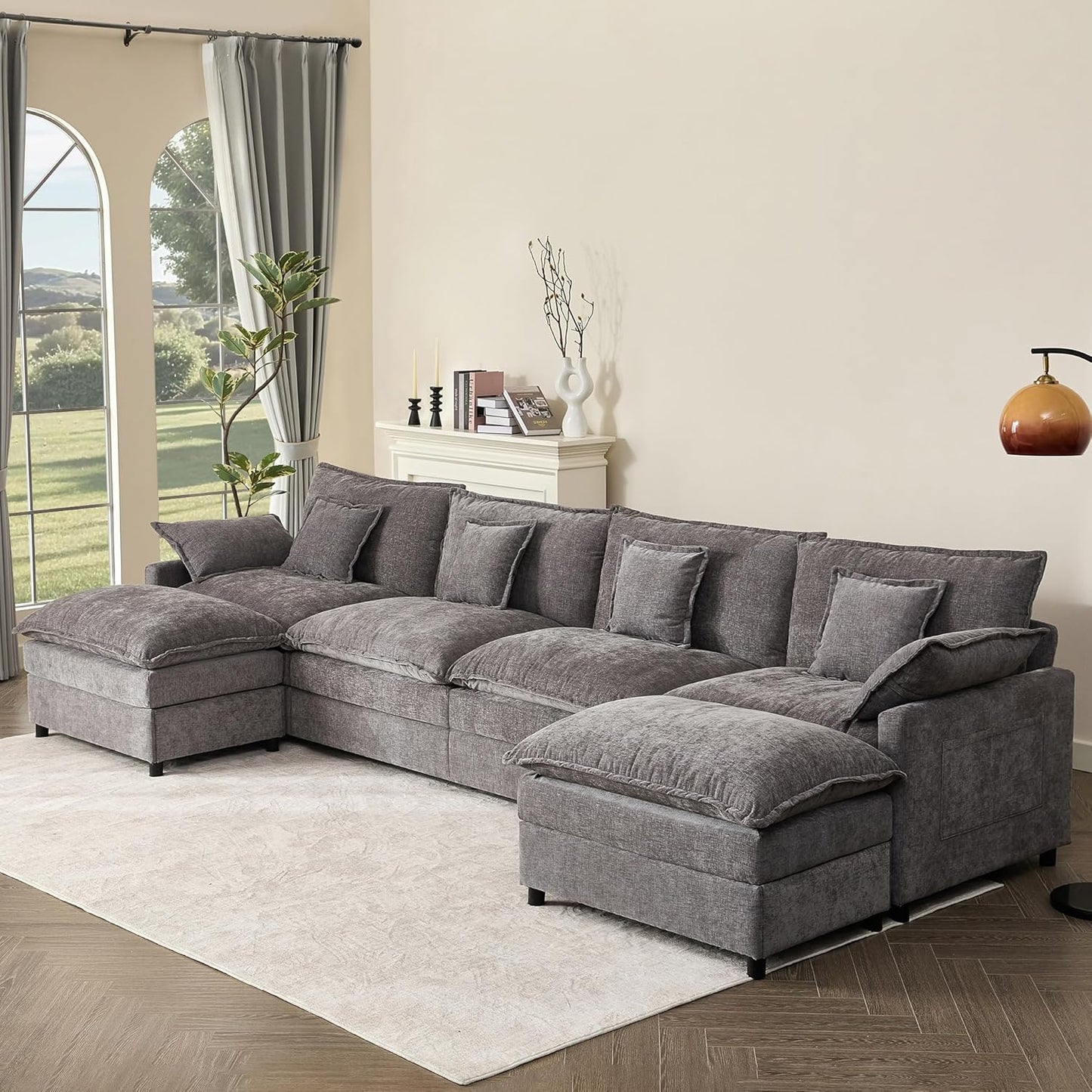108" U Shaped Couch, Modular Sectional Sofa, 3-Seater Comfy Cloud Couch with Movable Ottoman, Deep Seat Couches for Living Room, Chenille, Flat White