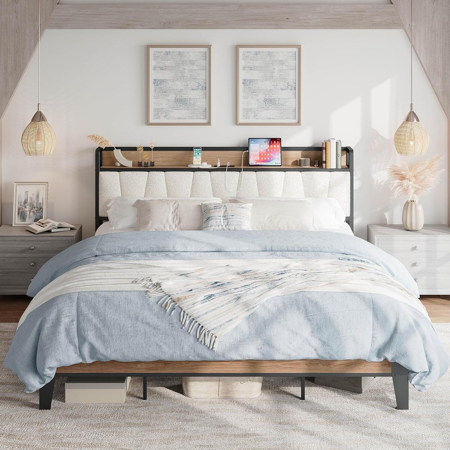 LIKIMIO California King Bed Frames, Storage Headboard with Charging Station, Solid and Stable, Noise Free, No Box Spring Needed, Easy Assembly