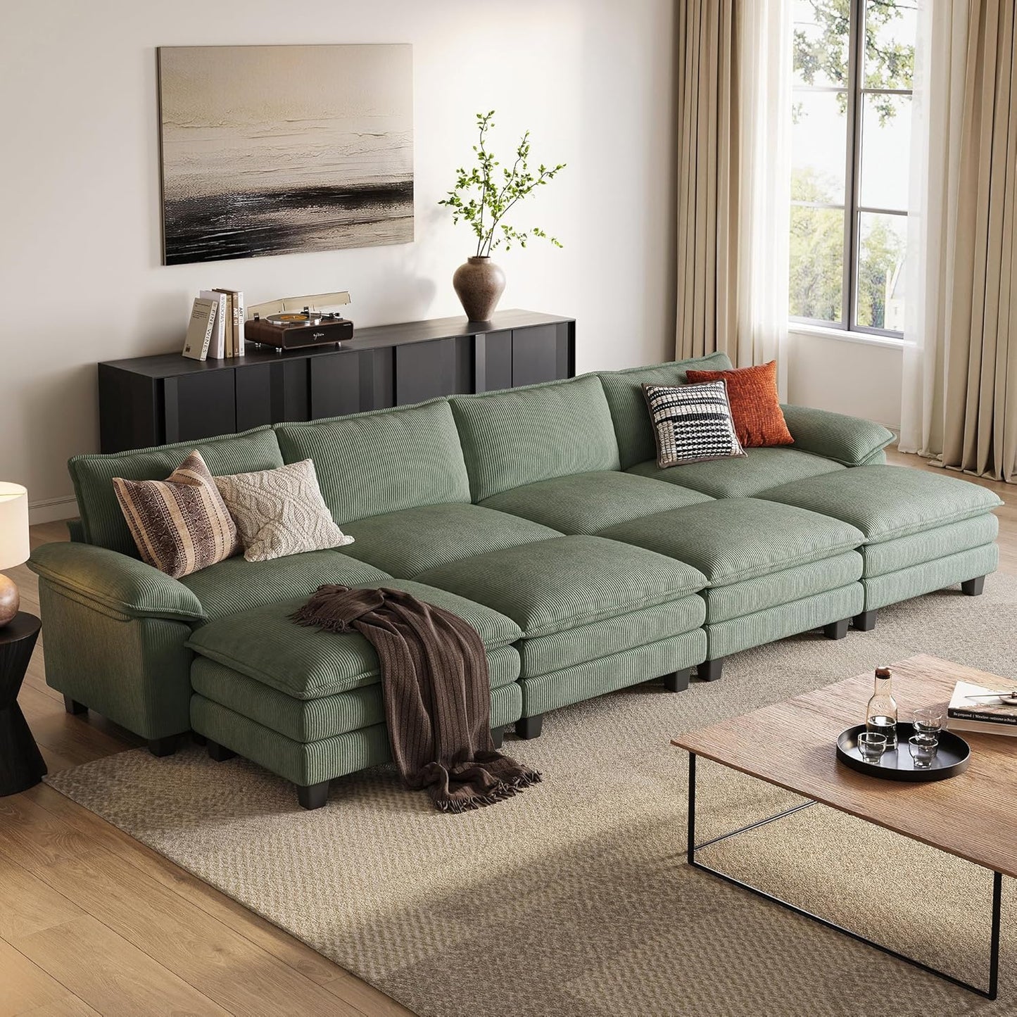 LINSY HOME Modular Sectional Sofa - 123'' Oversized Corduroy Cloud Couch L Shaped Couch with Movable Ottoman Soft Modern Comfy Sofa for Living Room Apartment Office, Green