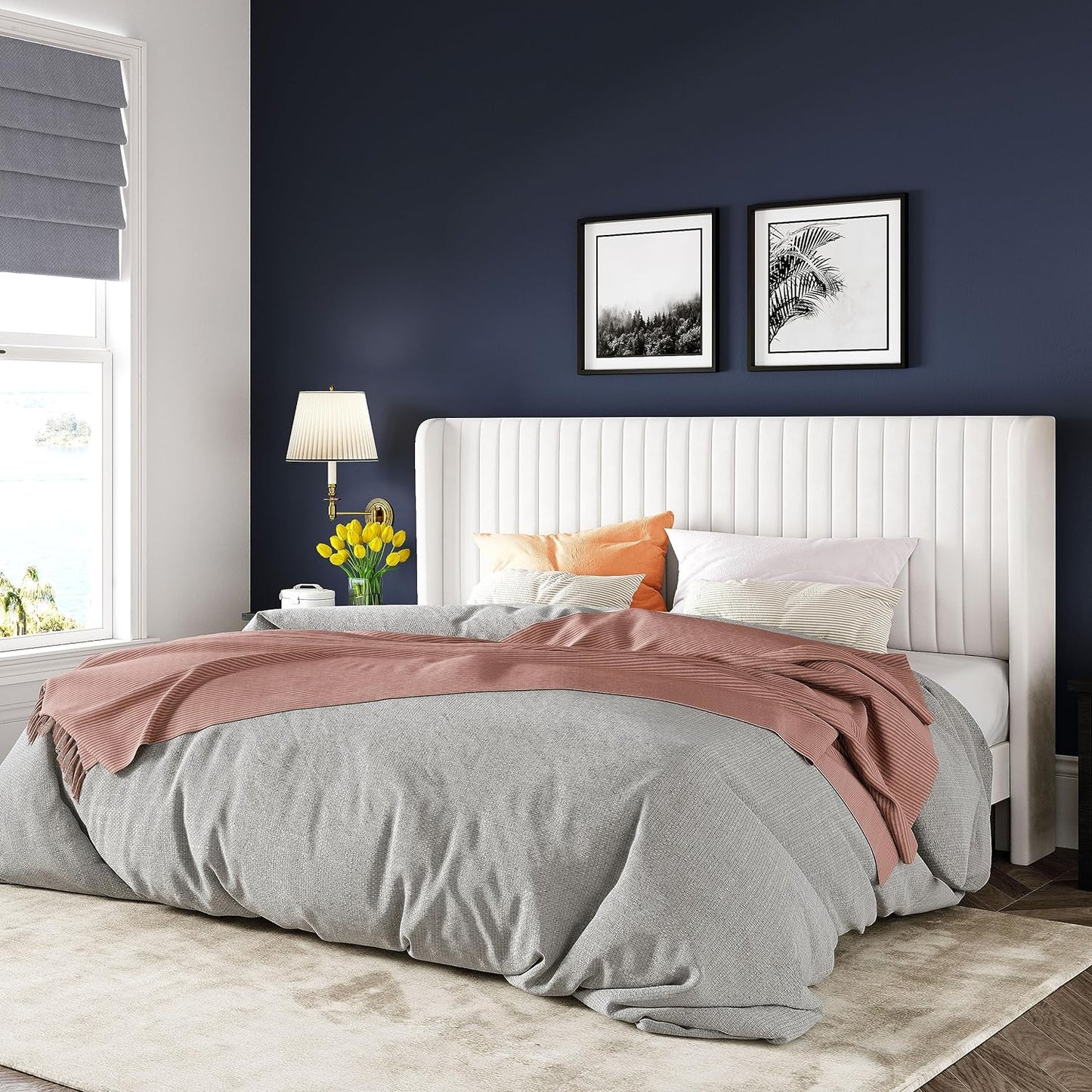 Allewie Full Size Velvet Bed Frame/Vertical Channel Tufted Wingback Headboard/Upholstered Platform Bed/Strong Wooden Slats/No Box Spring Needed/Easy Assembly/White