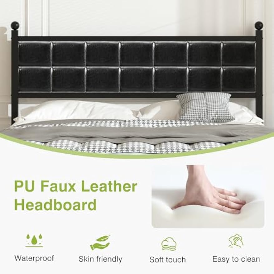VECELO Queen Bed Frame, Faux PU Leather Platform Beds with Upholstered Headboard and Footboard, Strong Metal Slats Support, Noise-Free, No Boxing Spring Needed, PU Black