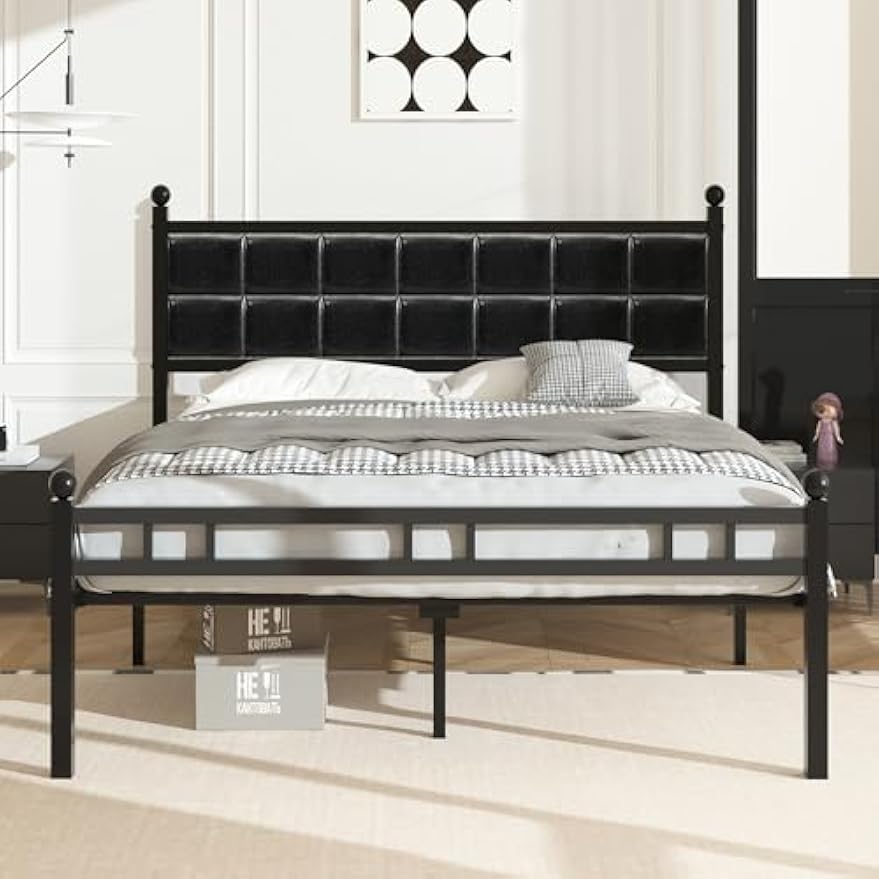 VECELO Queen Bed Frame, Faux PU Leather Platform Beds with Upholstered Headboard and Footboard, Strong Metal Slats Support, Noise-Free, No Boxing Spring Needed, PU Black