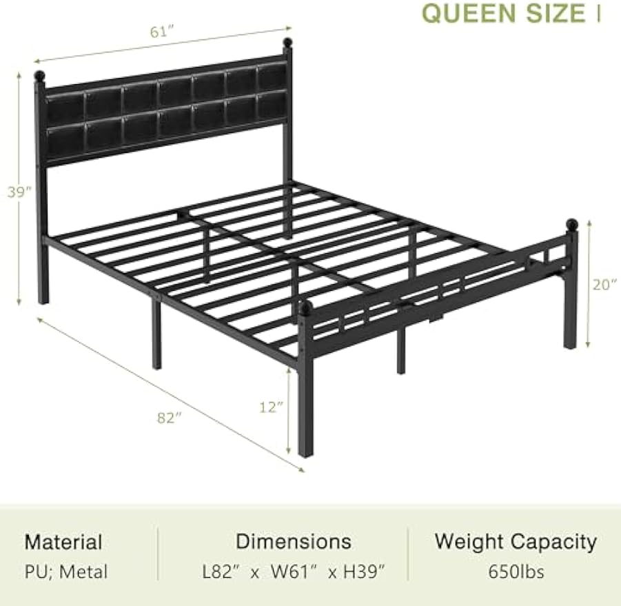 VECELO Queen Bed Frame, Faux PU Leather Platform Beds with Upholstered Headboard and Footboard, Strong Metal Slats Support, Noise-Free, No Boxing Spring Needed, PU Black