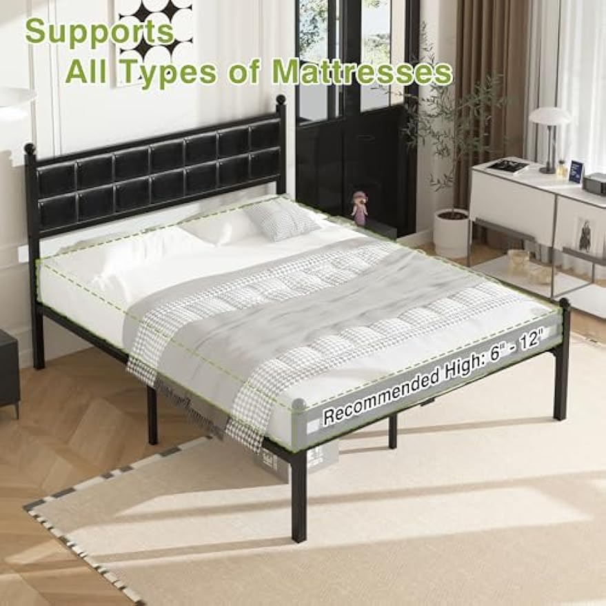 VECELO Queen Bed Frame, Faux PU Leather Platform Beds with Upholstered Headboard and Footboard, Strong Metal Slats Support, Noise-Free, No Boxing Spring Needed, PU Black