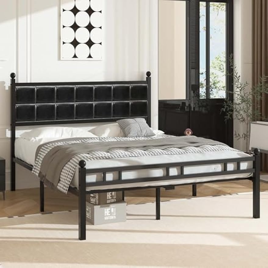 VECELO Queen Bed Frame, Faux PU Leather Platform Beds with Upholstered Headboard and Footboard, Strong Metal Slats Support, Noise-Free, No Boxing Spring Needed, PU Black