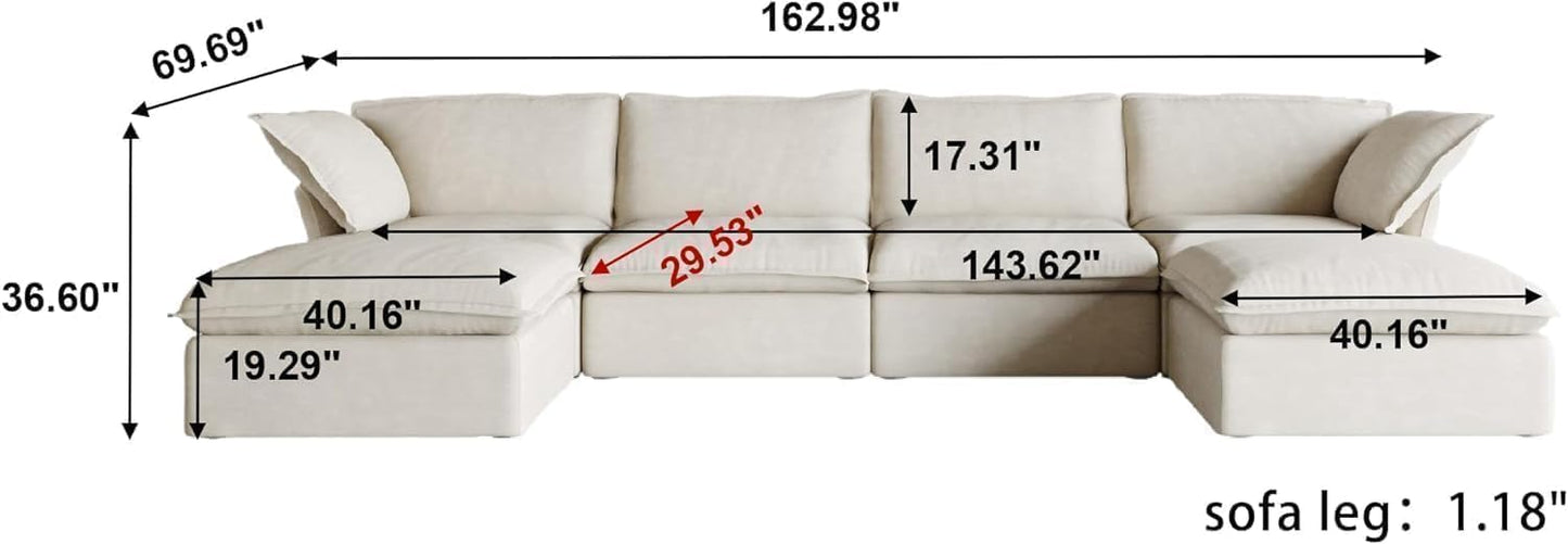 JACH U-Shaped Couches for Living Room, Convertible Sectional Sofa, 162" Modern Deep Seat Soft Cloud Couch, Modular Sectional Sofas with Ottomans, Sofa Cover Removable(Beige)