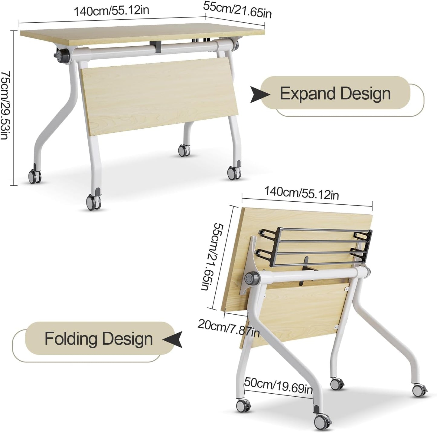 55 Inch One-Click Folding Conference Table, Heavy-Duty Metal Frame, Space-Saving Modular Meeting Desk for Office & Training Rooms