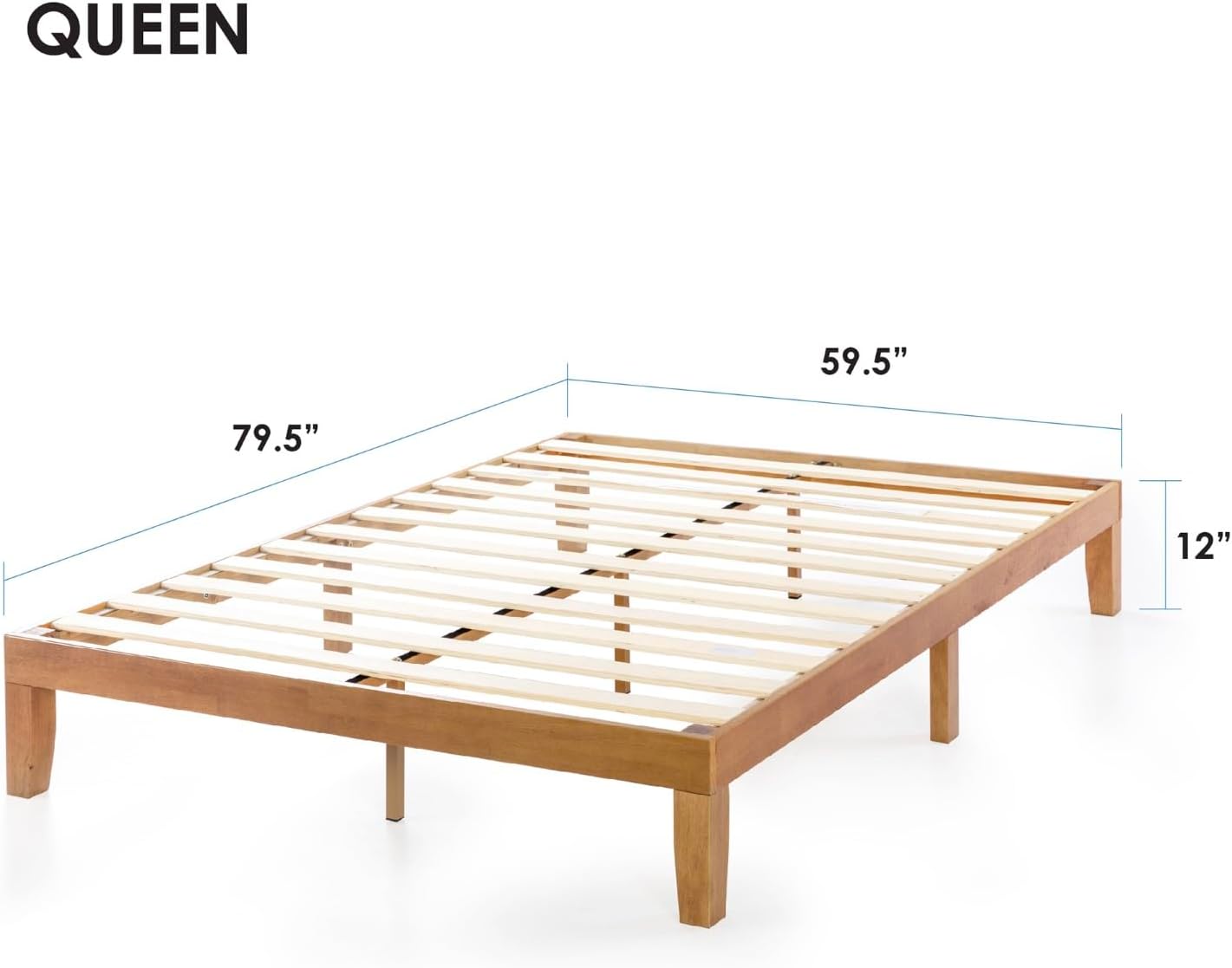 Mellow Naturalista Classic - 12 Inch Solid Wood Platform Bed with Wooden Slats, No Box Spring Needed, Easy Assembly, Queen, Pine