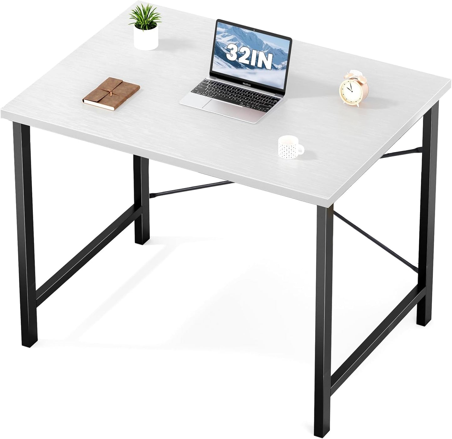 Sweetcrispy Computer Small Desk, 32 Inch Office Writing Work Study Kids Student Home Bedroom Table with Metal Frame Wooden Tabletop No Wheels - White Wood