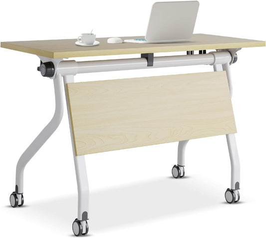 55 Inch One-Click Folding Conference Table, Heavy-Duty Metal Frame, Space-Saving Modular Meeting Desk for Office & Training Rooms