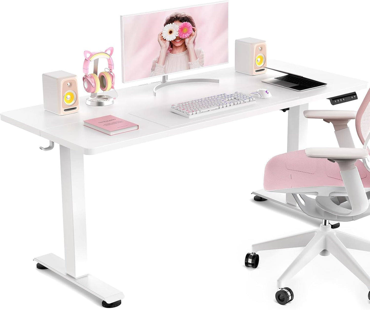 Veken 55 Inch Large Electric Standing Desk, 4 Memory Heights Adjustable,Sit to Stand Up, Work Home Office Computer Table for Study, Walking Pad, Writing, and Games, Wooden Desktop Desks, White