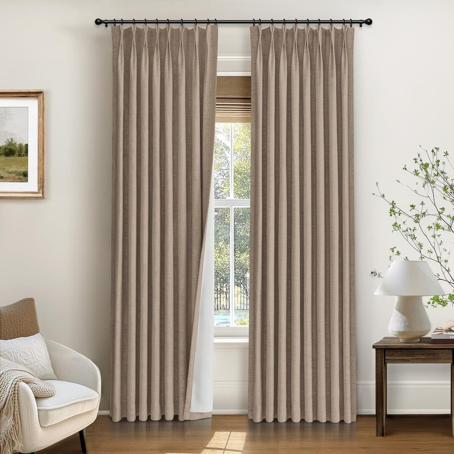 INOVADAY Pinch Pleated Curtains, 100% Light Blocking Linen Pinch Pleat Blackout Curtains for Bedroom, Thermal Insulated Blackout Drapes 2 Panels Set for Living Room - Natural on Linen, W40 x L96