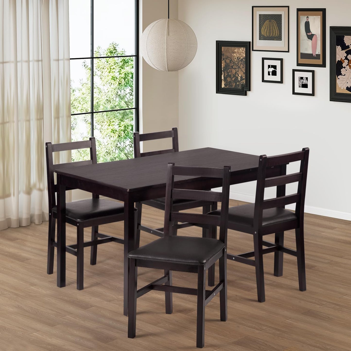 FDW | 5-Piece Solid Wood Dining Table Set for 4 | Pine Kitchen Table with Upholstered Chairs | Space-Saving Design | Smooth Easy-to-Clean Surface | Brown | for Dining Room, Apartment, Restaurant