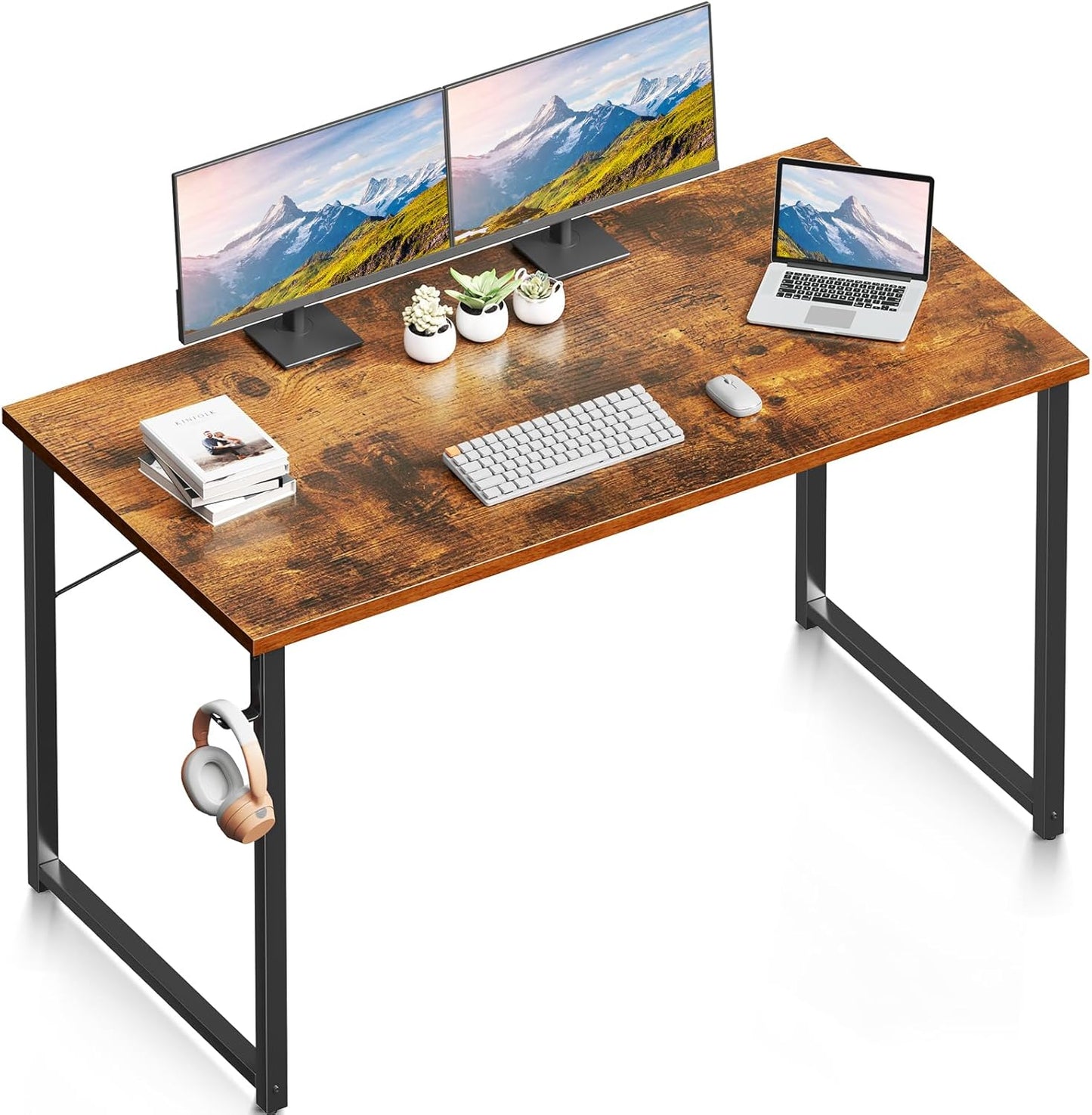 ODK 40 Inches Computer Desk for Home Office, Office Table for Small Spaces, Writing Desk with Headphone Hooks, Rustic Brown
