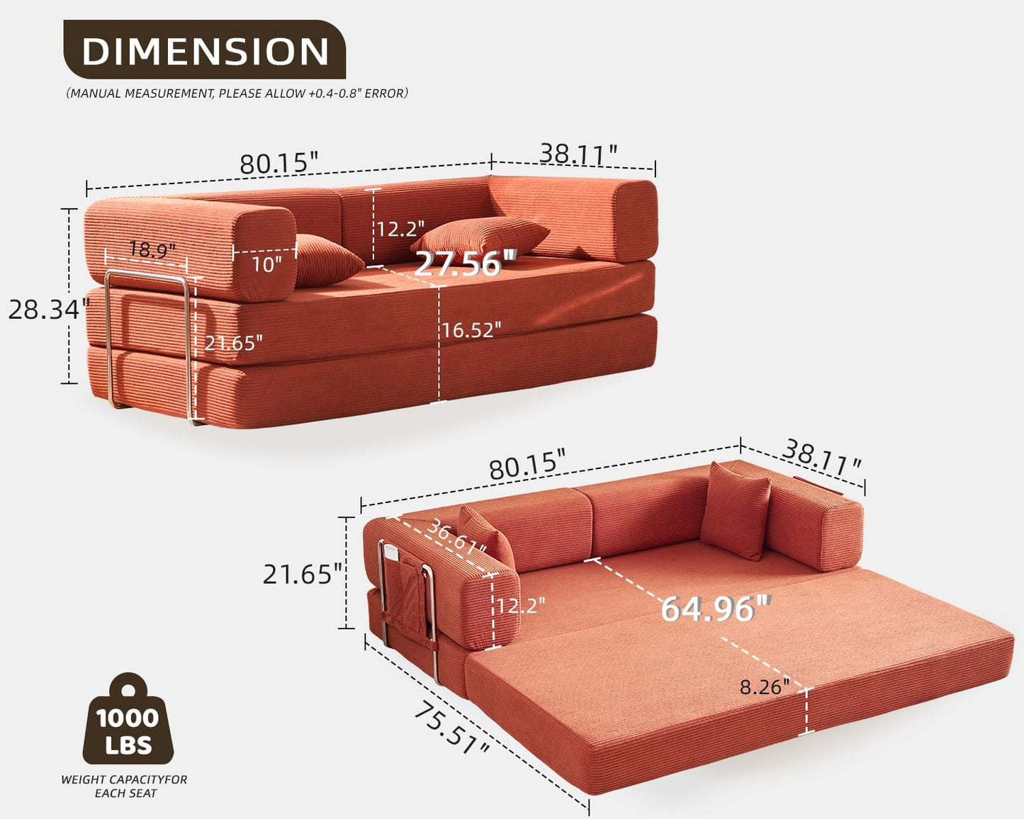 Folding Sofa Bed Convertable Corduroy Couch King Size Floor Sleeper 4-in-1 DIY Combination Modular Sofa Fold Out Futon Lounge Comfy Foldable Lazy cama for Living Room (Orange, 80.15")