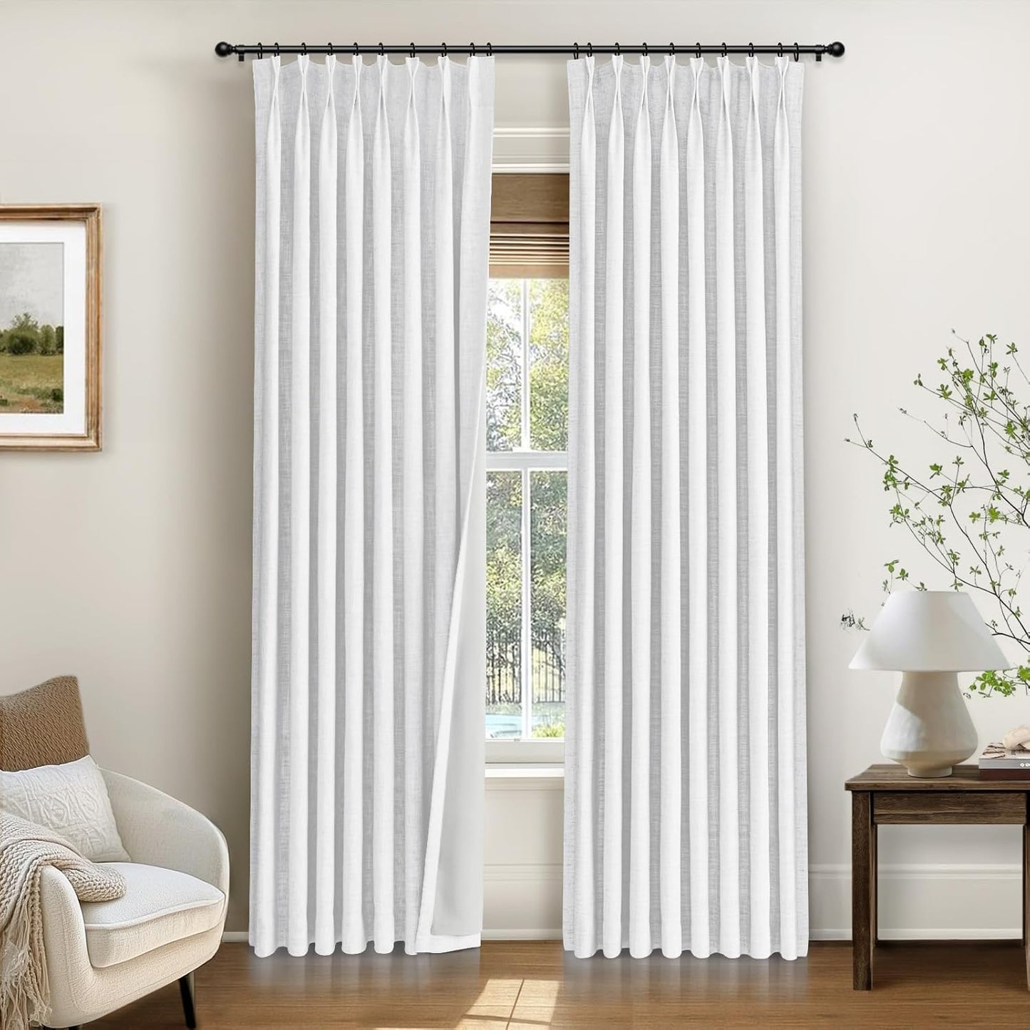 INOVADAY Pinch Pleated Curtains, 100% Light Blocking Linen Pinch Pleat Blackout Curtains for Bedroom, Thermal Insulated Blackout Drapes 2 Panels Set for Living Room - Natural on Linen, W40 x L96