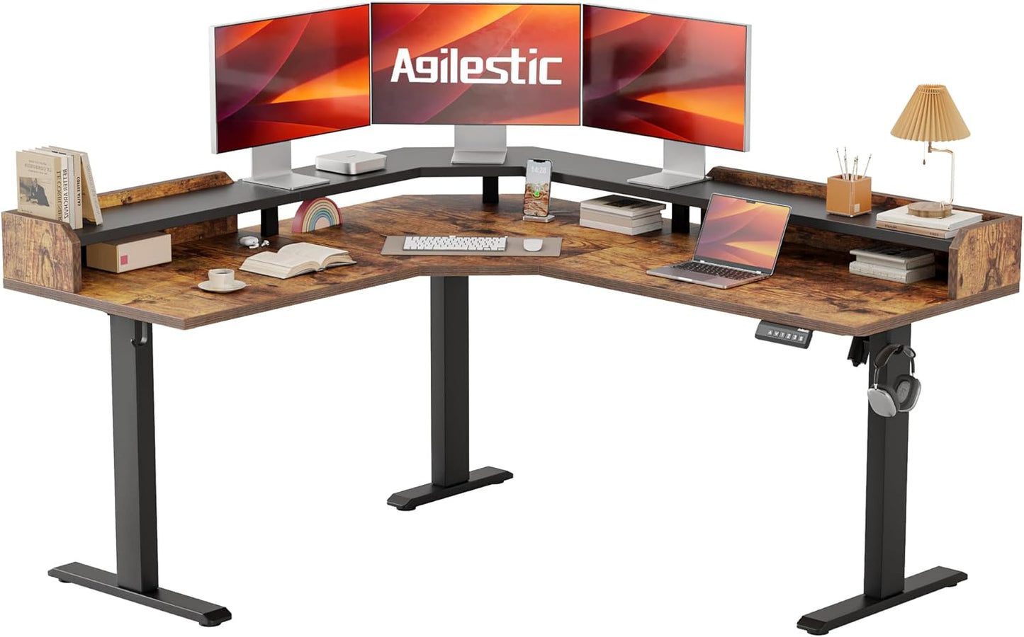 Agilestic L Shaped Standing Desk 63 x 55 inch Adjustable Height, Electric Corner Standing Desk, Sit Stand Computer Table with Splice Board, Rustic Brown