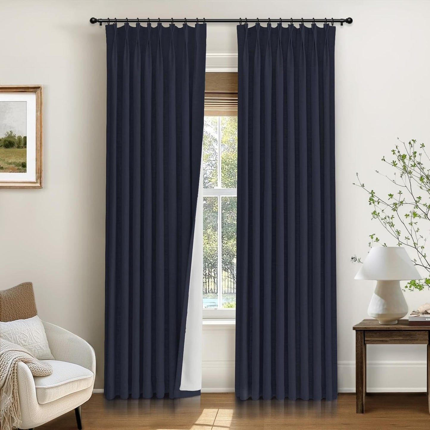 INOVADAY Pinch Pleated Curtains, 100% Light Blocking Linen Pinch Pleat Blackout Curtains for Bedroom, Thermal Insulated Blackout Drapes 2 Panels Set for Living Room - Natural on Linen, W40 x L96
