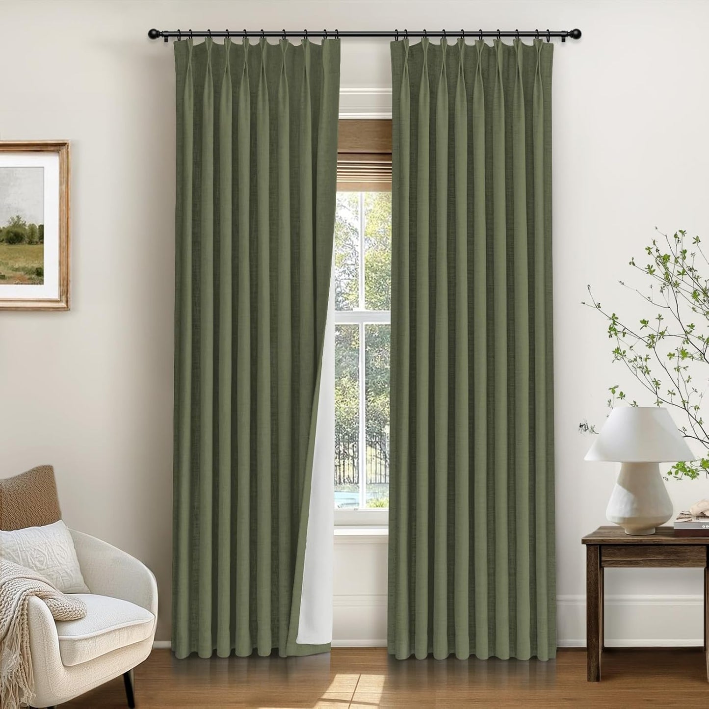 INOVADAY Pinch Pleated Curtains, 100% Light Blocking Linen Pinch Pleat Blackout Curtains for Bedroom, Thermal Insulated Blackout Drapes 2 Panels Set for Living Room - Natural on Linen, W40 x L96