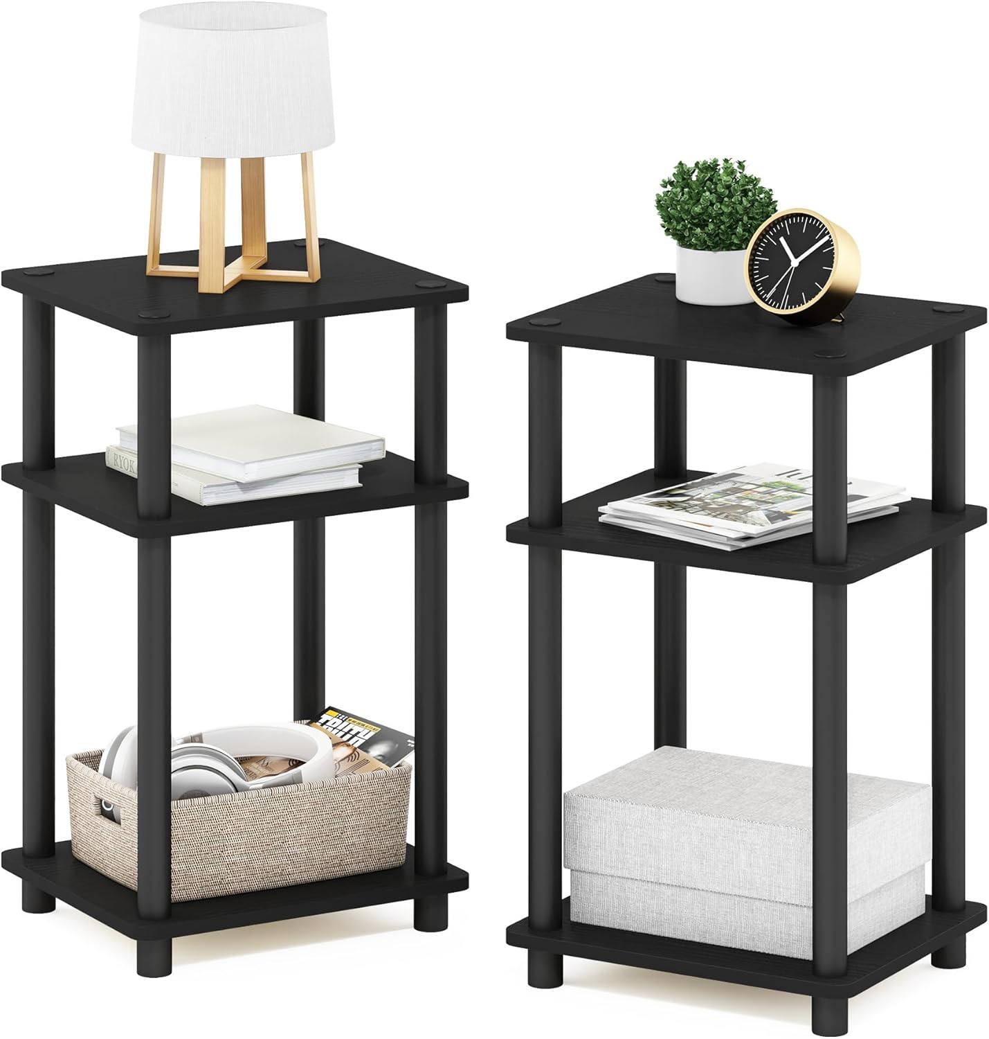 Furinno Just 3-Tier Turn-N-Tube End Table / Side Table / Night Stand / Bedside Table with Plastic Poles, 1-Pack, French Oak Grey/Black