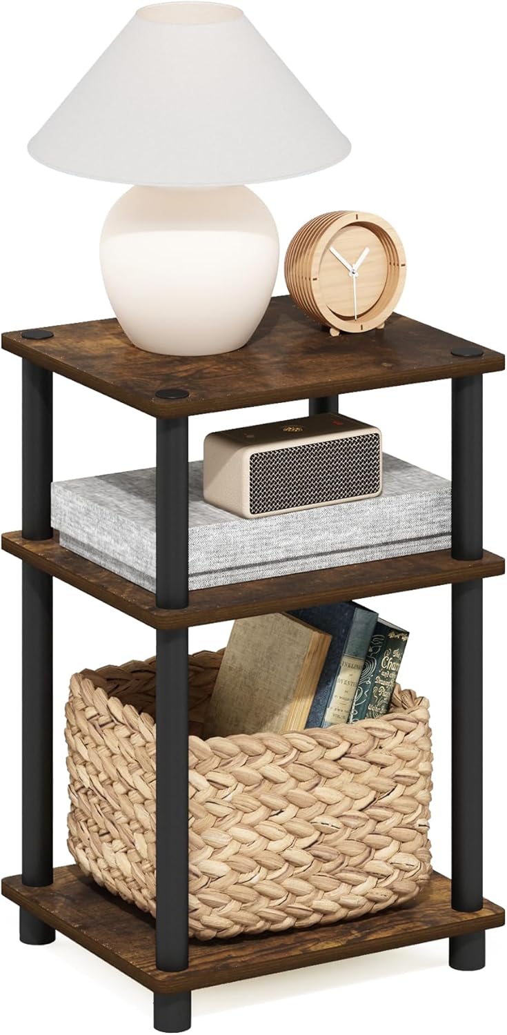 Furinno Just 3-Tier Turn-N-Tube End Table / Side Table / Night Stand / Bedside Table with Plastic Poles, 1-Pack, French Oak Grey/Black