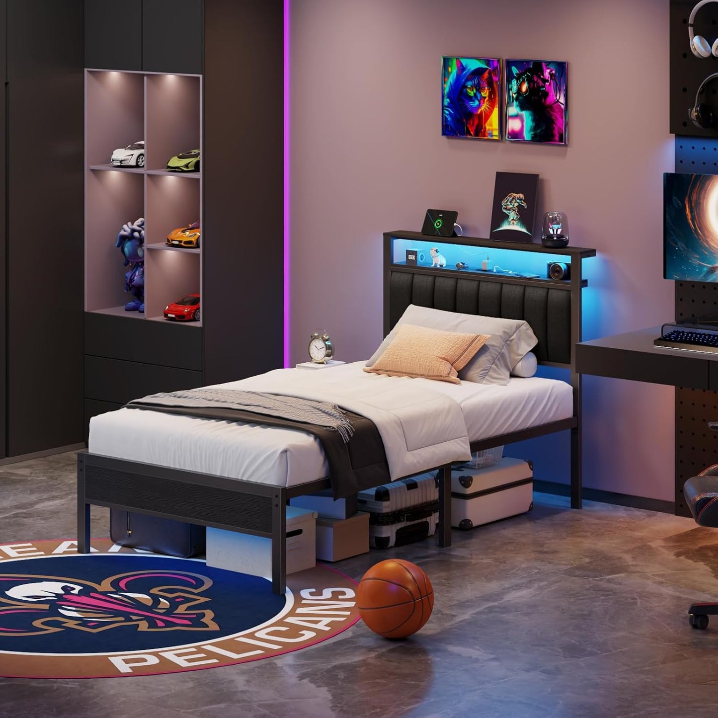 Furnulem Twin Size Bed Frame with Charging Station and LED Lights, Platform Bed with Metal Slats, Grey Upholstered Headboard with 2-Tier Storage Shelves, No Box Spring Needed