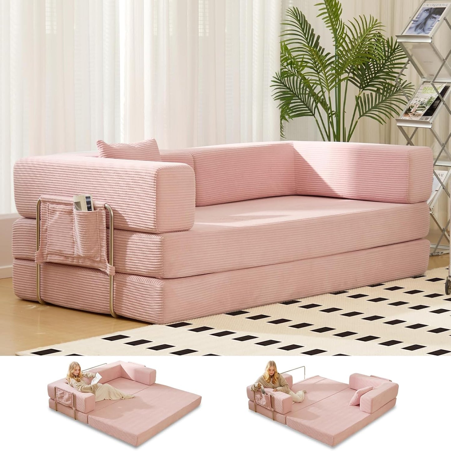 Folding Sofa Bed Convertable Corduroy Couch King Size Floor Sleeper 4-in-1 DIY Combination Modular Sofa Fold Out Futon Lounge Comfy Foldable Lazy cama for Living Room (Orange, 80.15")