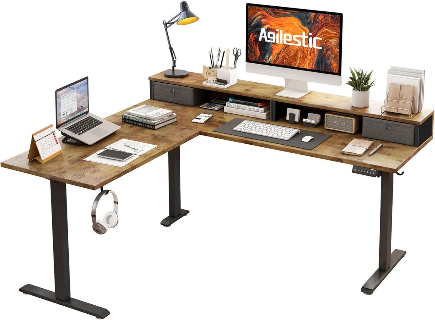 Agilestic L Shaped Standing Desk 63 x 55 inch Adjustable Height, Electric Corner Standing Desk, Sit Stand Computer Table with Splice Board, Rustic Brown