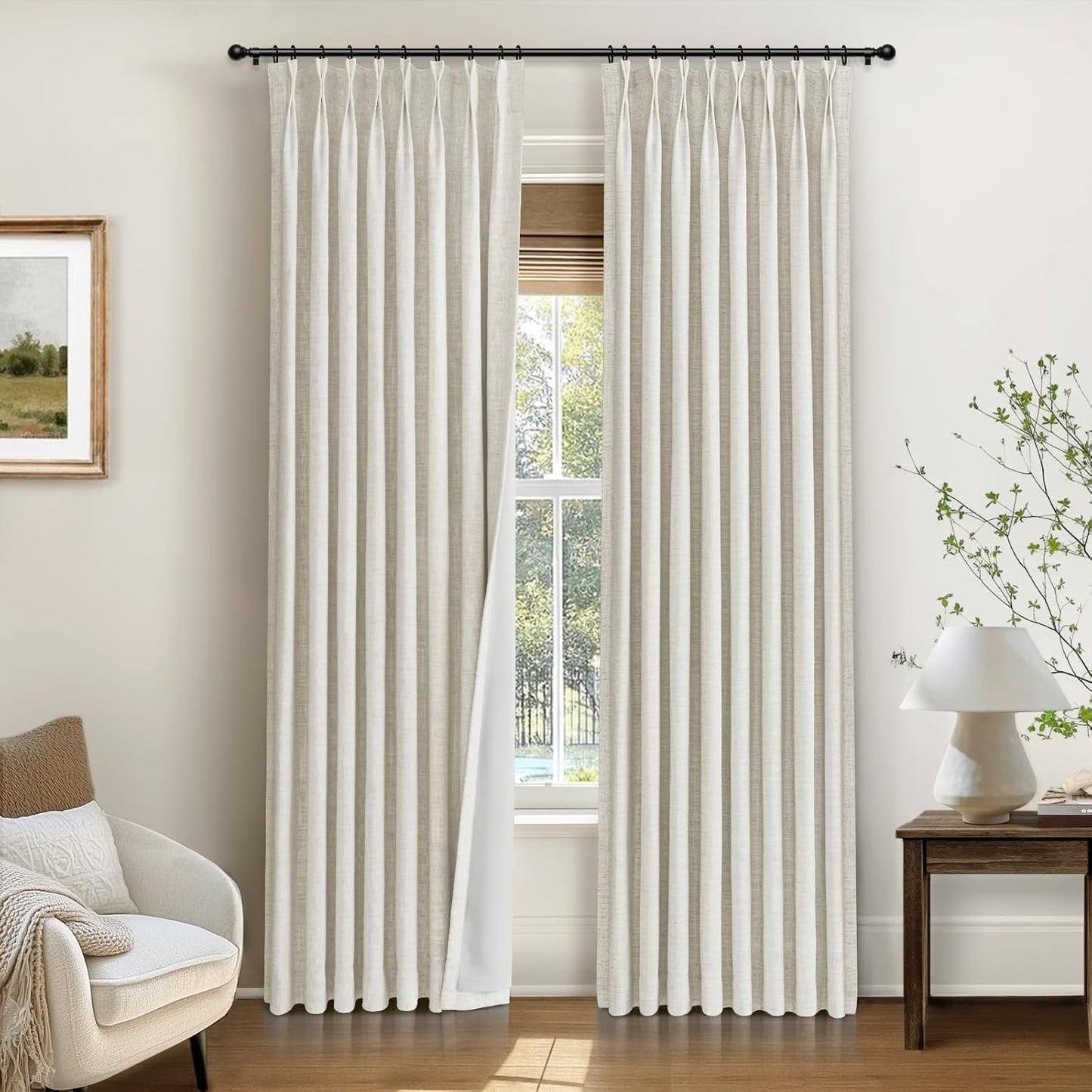 INOVADAY Pinch Pleated Curtains, 100% Light Blocking Linen Pinch Pleat Blackout Curtains for Bedroom, Thermal Insulated Blackout Drapes 2 Panels Set for Living Room - Natural on Linen, W40 x L96