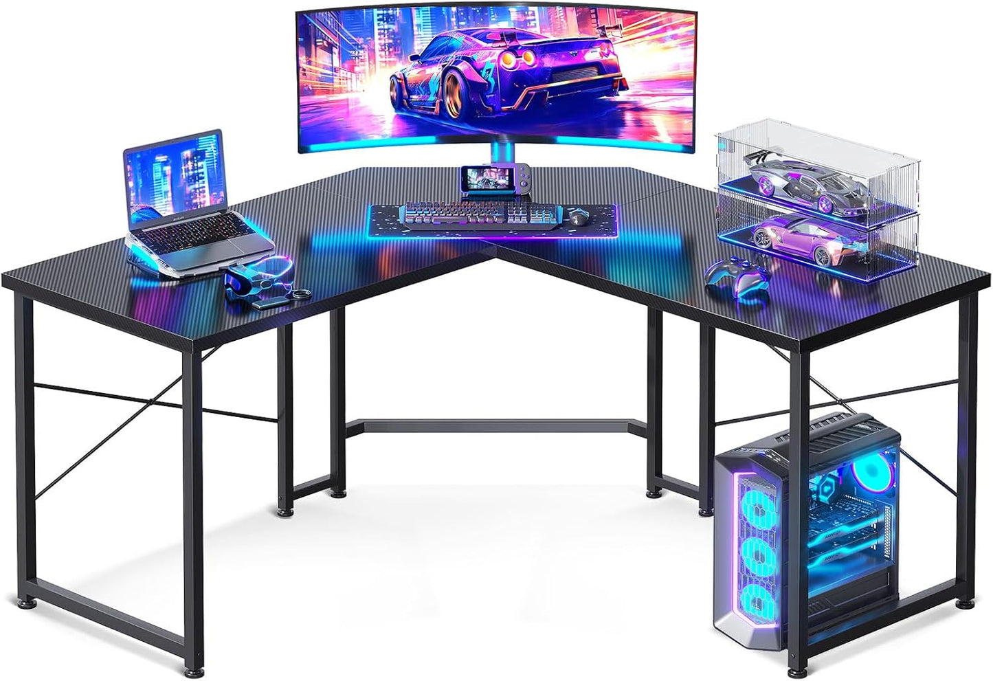 Casaottima L Shaped Gaming Desk, Corner Desk Gaming Table for Home Office, Computer Desk Sturdy Writing Workstation for Small Space, Easy to Assemble, 51 inch, Carbon Fiber Surface, Black
