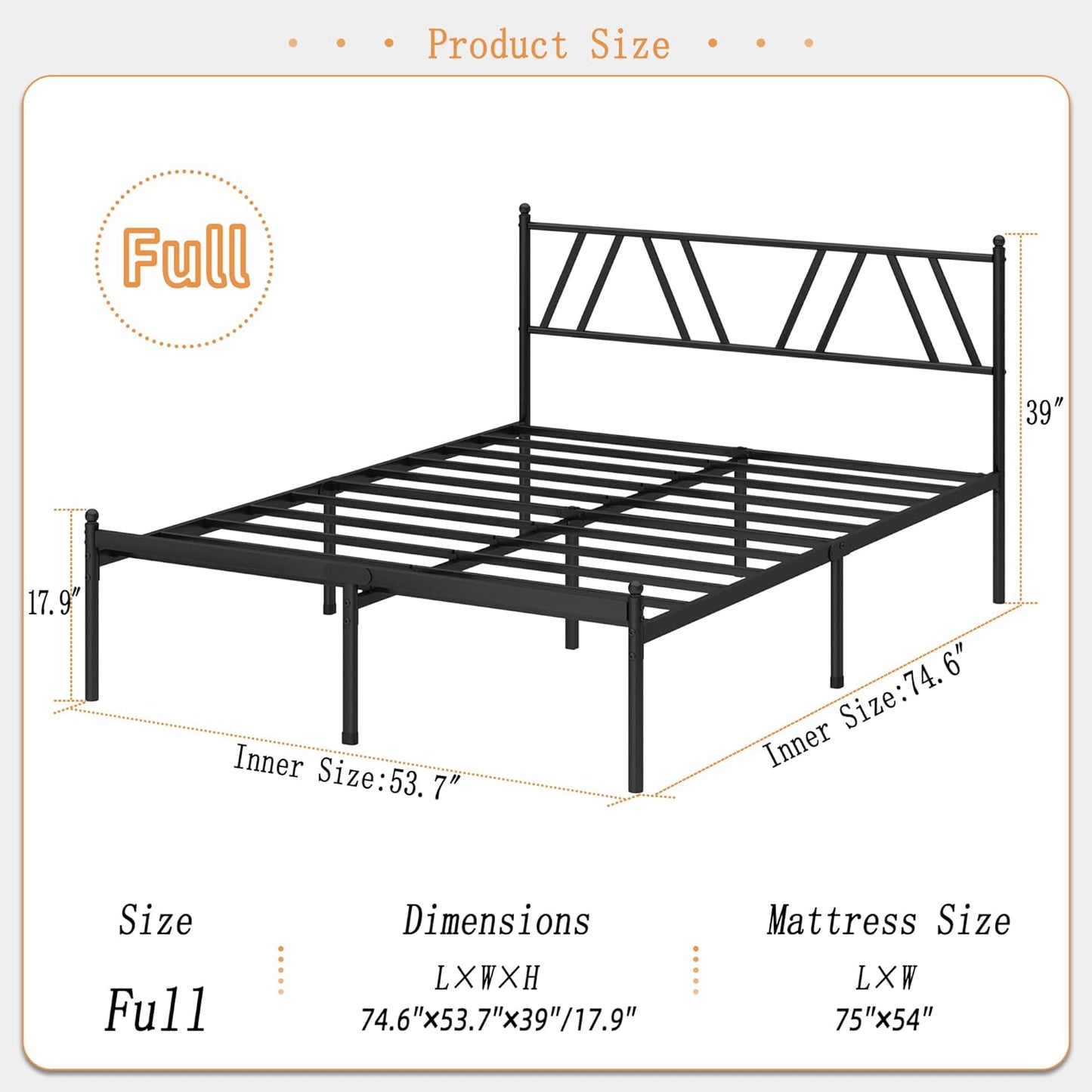 Metal Platform Bed Frame with Headboard, 14 Inches Full Bed, No Box Spring Needed, Steel Slat Support, Black, Easy Assembly
