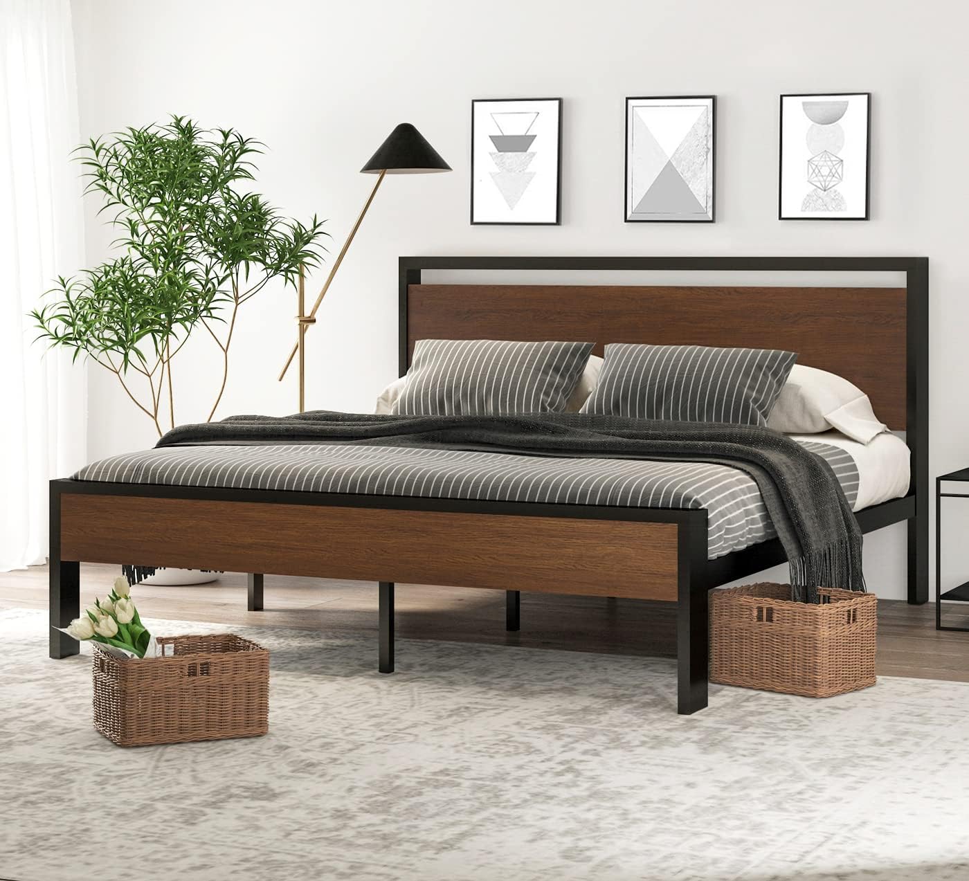 SHA CERLIN 14 Inch Full Size Metal Platform Bed Frame with Wooden Headboard and Footboard, Mattress Foundation, No Box Spring Needed, Large Under Bed Storage, Non-Slip Without Noise, Black Oak