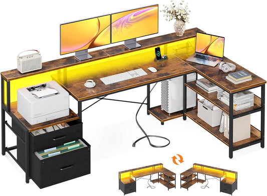 ODK L Shaped Desk with File Drawer, 75" Reversible L Shaped Computer Desk with Power Outlet & LED Strip, Office Desk with Storage Shelves, Gaming Desk with Monitor Shelf, Corner Desk, Vintage
