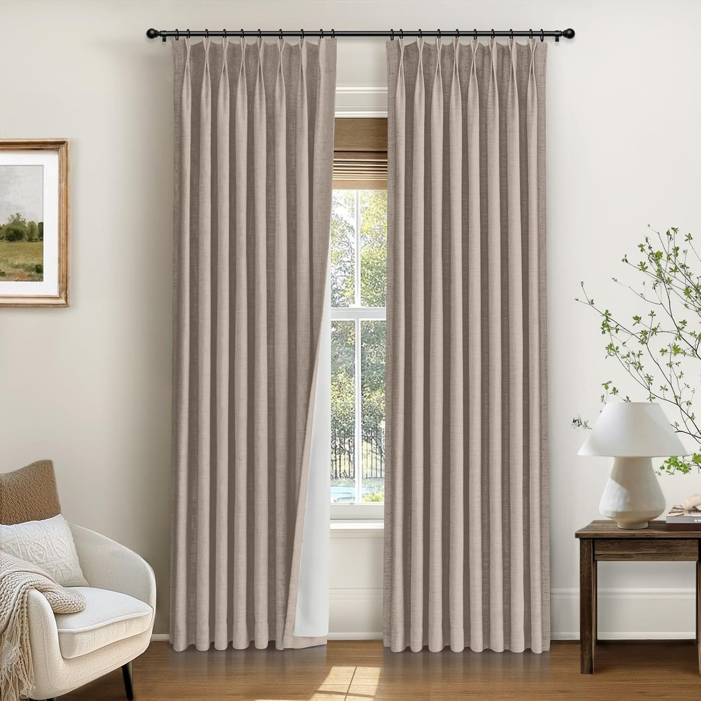 INOVADAY Pinch Pleated Curtains, 100% Light Blocking Linen Pinch Pleat Blackout Curtains for Bedroom, Thermal Insulated Blackout Drapes 2 Panels Set for Living Room - Natural on Linen, W40 x L96