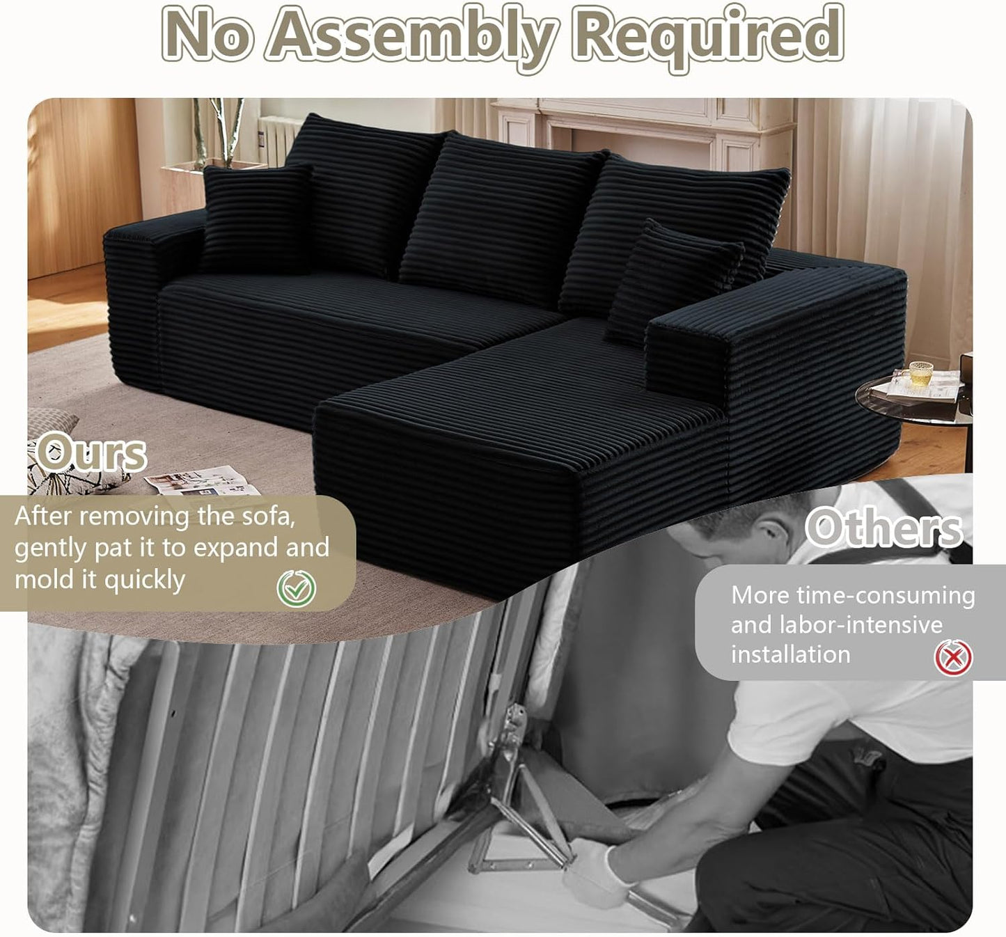 107" Modular Sectional Couches for Living Room, Comfy Boneless L Shaped Cloud Couch with Chaise Lounge, Modern Cozy Corduroy Deep Seat Floor Sofa, Memory Foam, No Assembly Required, Black