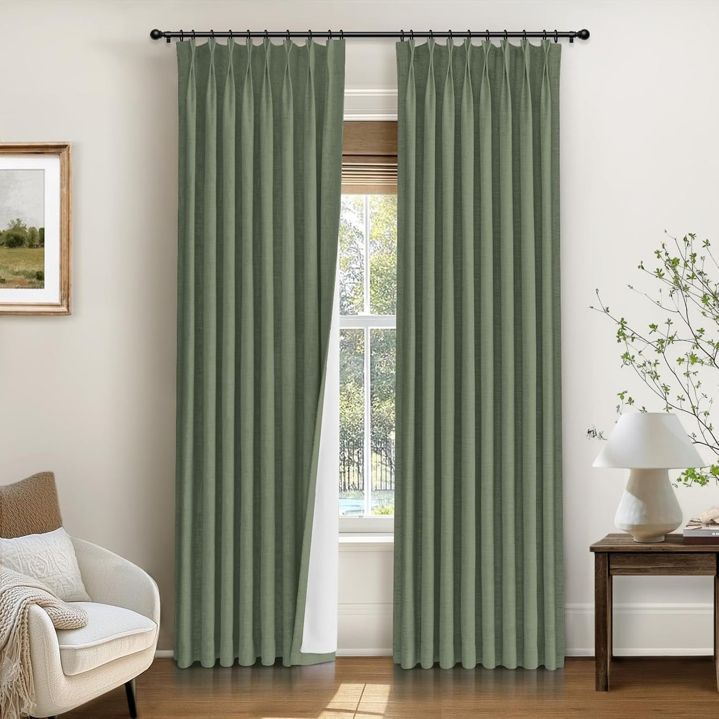 INOVADAY Pinch Pleated Curtains, 100% Light Blocking Linen Pinch Pleat Blackout Curtains for Bedroom, Thermal Insulated Blackout Drapes 2 Panels Set for Living Room - Natural on Linen, W40 x L96