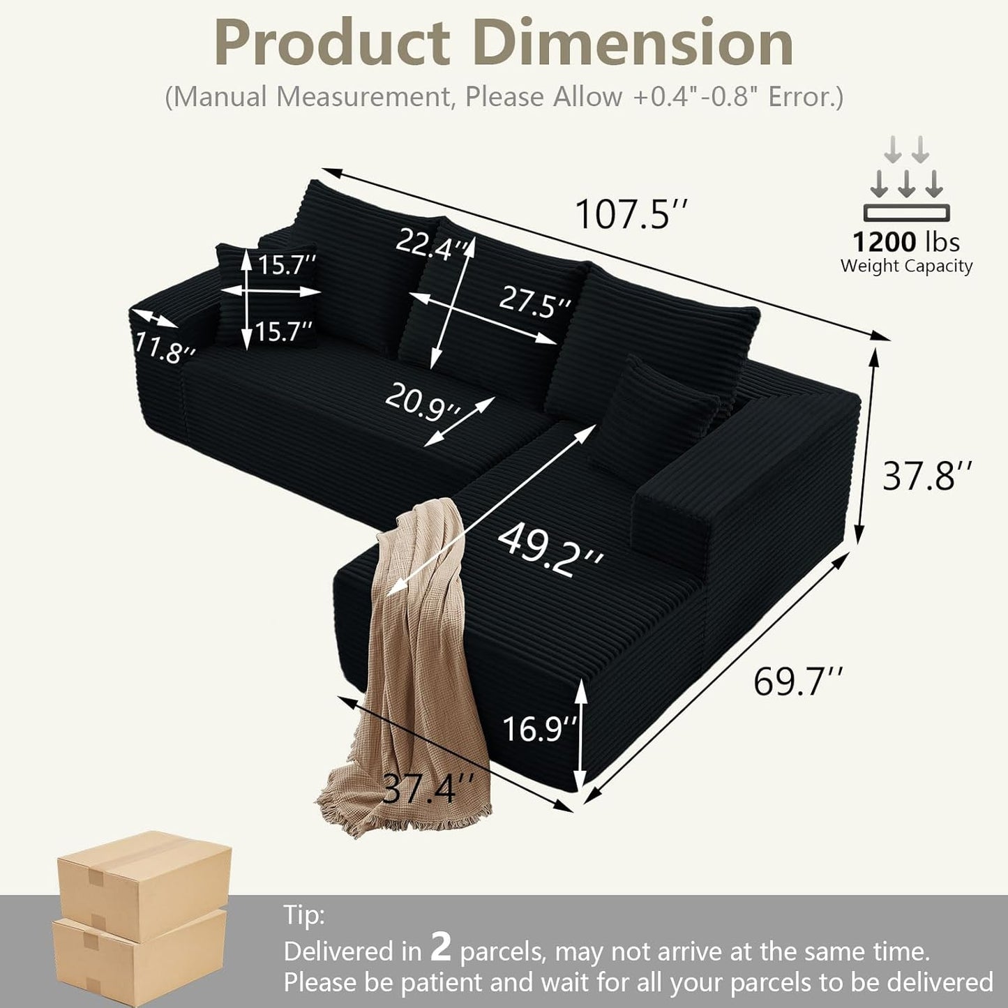 107" Modular Sectional Couches for Living Room, Comfy Boneless L Shaped Cloud Couch with Chaise Lounge, Modern Cozy Corduroy Deep Seat Floor Sofa, Memory Foam, No Assembly Required, Black