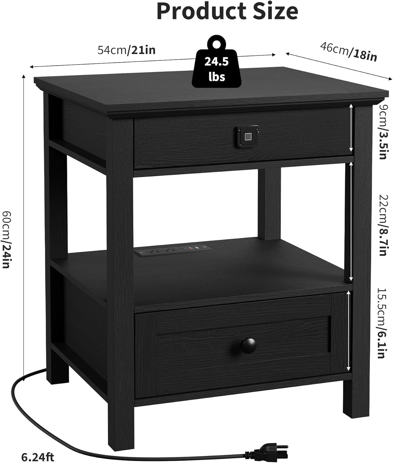 Rresyet End Table with Fingerprint Lock, Side Table with Extendable Top & Built-in Power Outlets & Drawer, Wooden Storage Nightstand for Home & Office (Black)