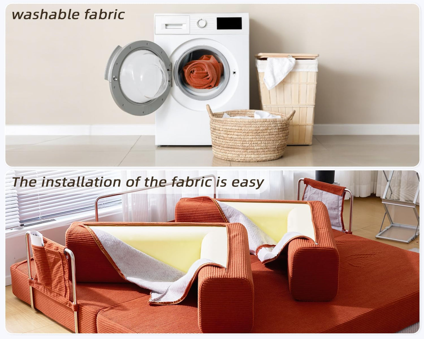 Folding Sofa Bed Convertable Corduroy Couch King Size Floor Sleeper 4-in-1 DIY Combination Modular Sofa Fold Out Futon Lounge Comfy Foldable Lazy cama for Living Room (Orange, 80.15")