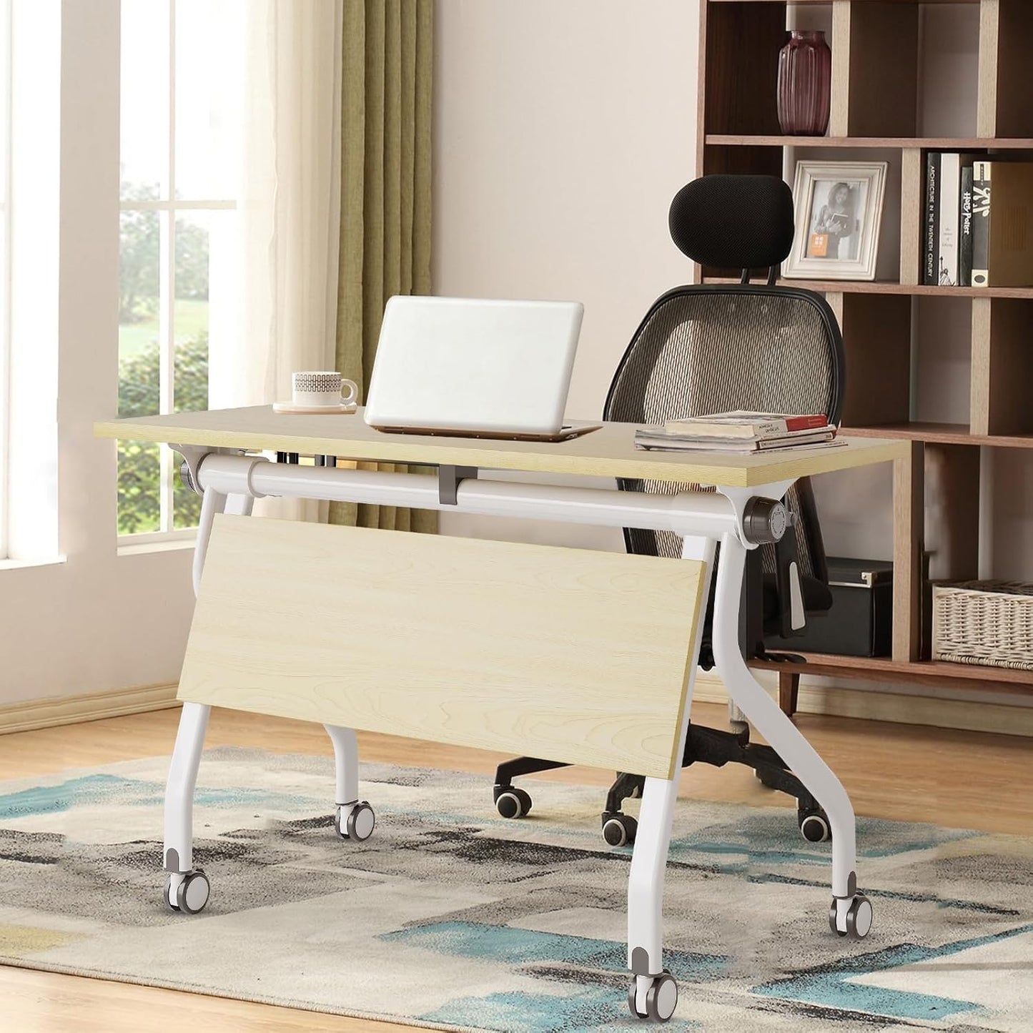 55 Inch One-Click Folding Conference Table, Heavy-Duty Metal Frame, Space-Saving Modular Meeting Desk for Office & Training Rooms