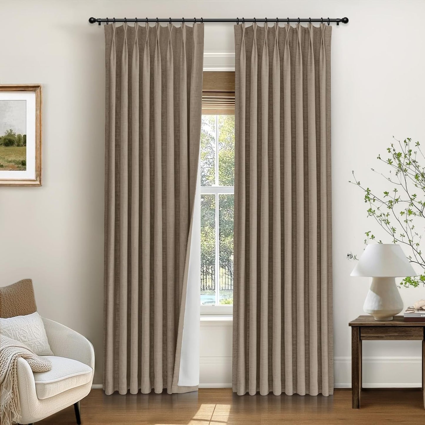 INOVADAY Pinch Pleated Curtains, 100% Light Blocking Linen Pinch Pleat Blackout Curtains for Bedroom, Thermal Insulated Blackout Drapes 2 Panels Set for Living Room - Natural on Linen, W40 x L96