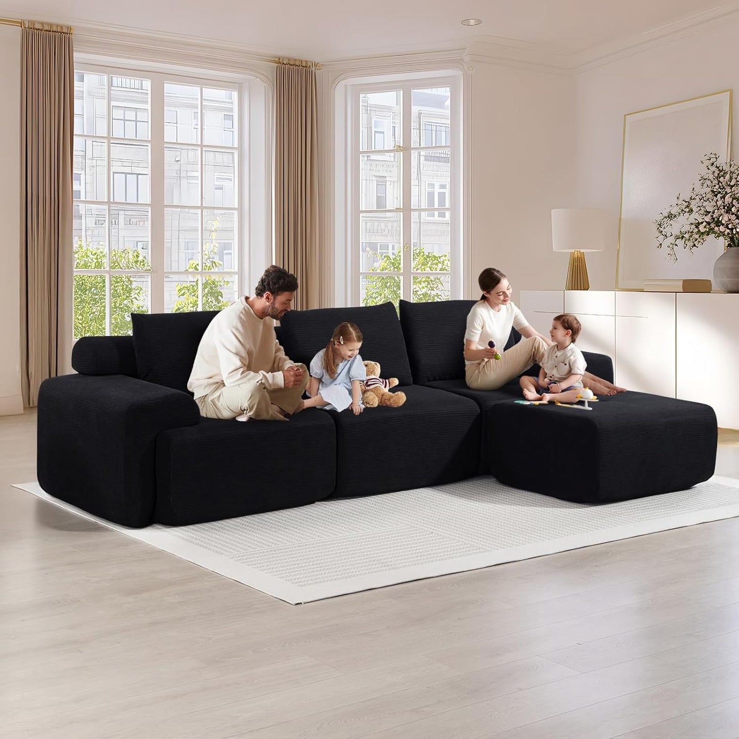 L-Shaped Sectional Sofa Bed with Memory Foam, No-Assembly Convertible Loveseat Couch, Corduroy Fabric Modular Sofa with Steel Frame for Living Room, Apartment, Bedroom, Small Spaces (Grey)