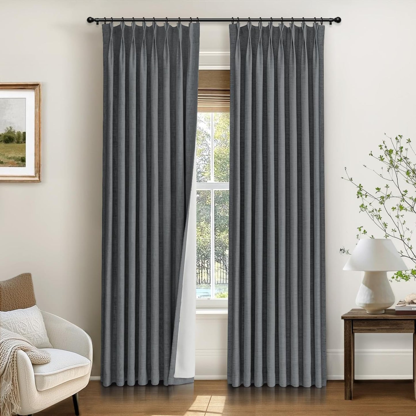 INOVADAY Pinch Pleated Curtains, 100% Light Blocking Linen Pinch Pleat Blackout Curtains for Bedroom, Thermal Insulated Blackout Drapes 2 Panels Set for Living Room - Natural on Linen, W40 x L96